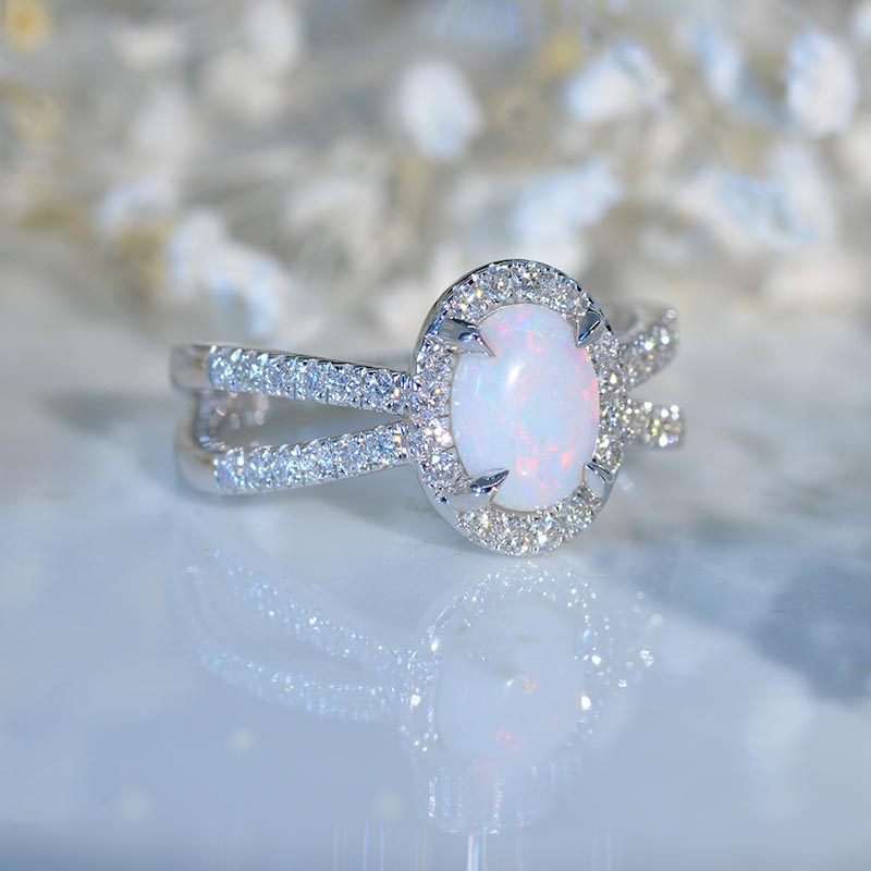 10K  White Gold 1.25 Carat Oval  White Opal Diamond Halo French-Set Engagement Ring