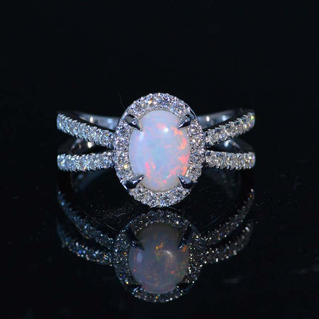 10K  White Gold 1.25 Carat Oval Forever One White Opal Diamond Halo French-Set Engagement Ring