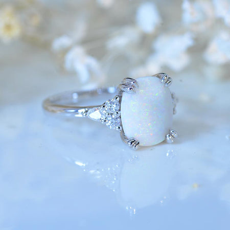 2Ct Elongated Cushion Cut Natural White Opal Vintage Engagement Gold  Ring  Model 566-9x7