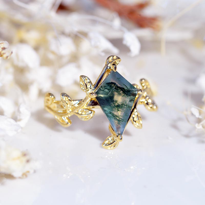 2.5 Carat Kite Genuine Moss Agate Engagement Ring. 2.5CT Fancy Shield Shape Moss Agate 14K Yellow Gold  Ring Model 788-12x8