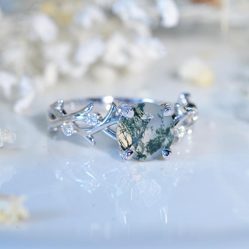 2 Carat Genuine Moss Agate Twig Floral White Gold Engagement  Ring Model 563-8