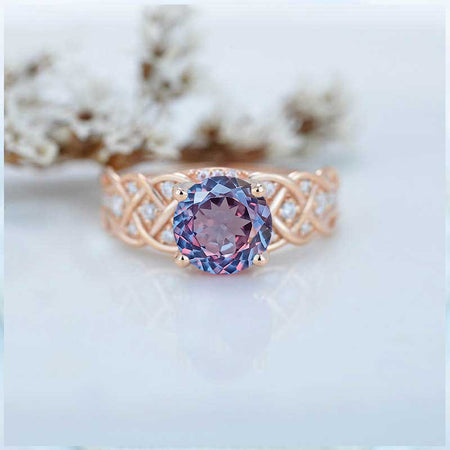 2 Carat Portuguese Cut Alexandrite Ring Round Cut Rose Gold Ring July Birthstone Ring Engagement Ring