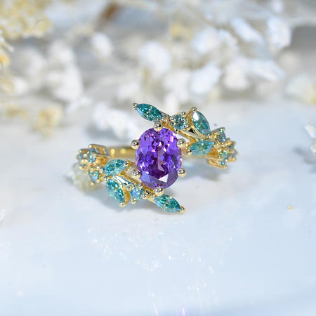 1.5 Carat Oval Purple Sapphire Floral 18K Yellow Gold Engagement  Ring  Model 454-8x6