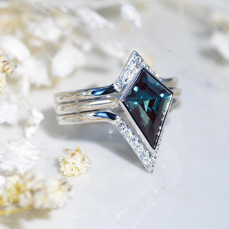 14K White Gold 3 Carat Kite Vintage Kite Cut Alexandrite Halo Engagement Ring, Three Rings Set