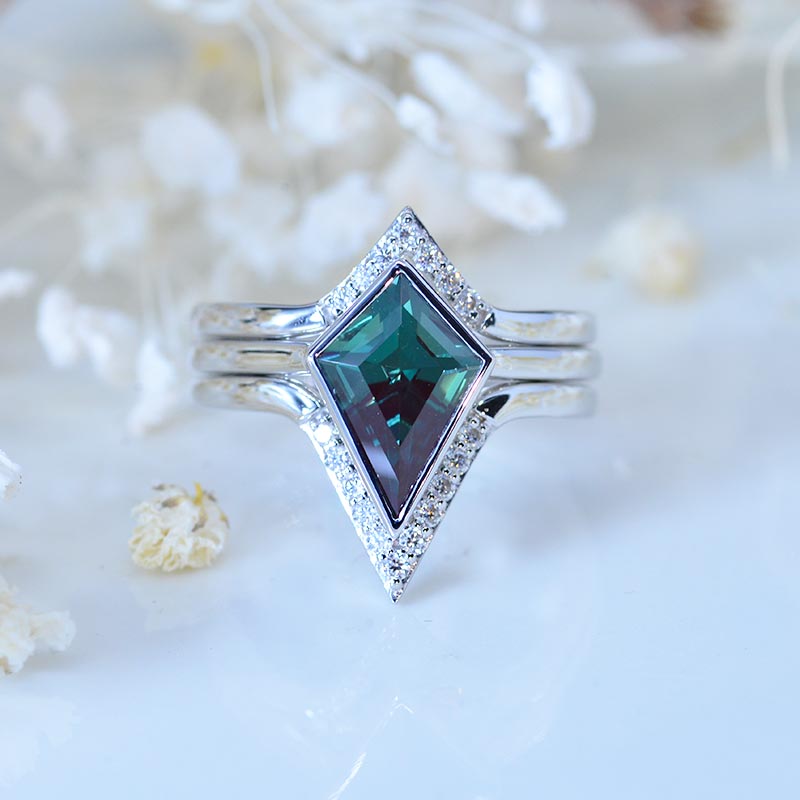 14K White Gold 3 Carat Kite Vintage Kite Cut Alexandrite Halo Engagement Ring, Three Rings Set