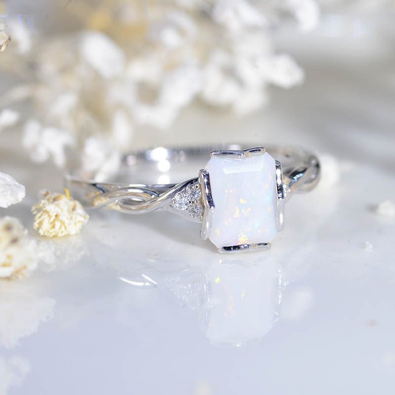 2.0 Carat Genuine Natural White Opal Emerald Cut Gold Engagement Ring Model 95