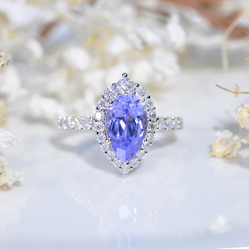 14K Solid White Gold 3 Carat Purple Sapphire Pear Cut Halo Purple Sapphire Ring