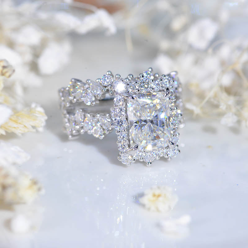 3 Carat Vintage Style 9x7mm Radiant Cut Giliarto Moissanite White Gold Floral Shank Engagement Ring Set