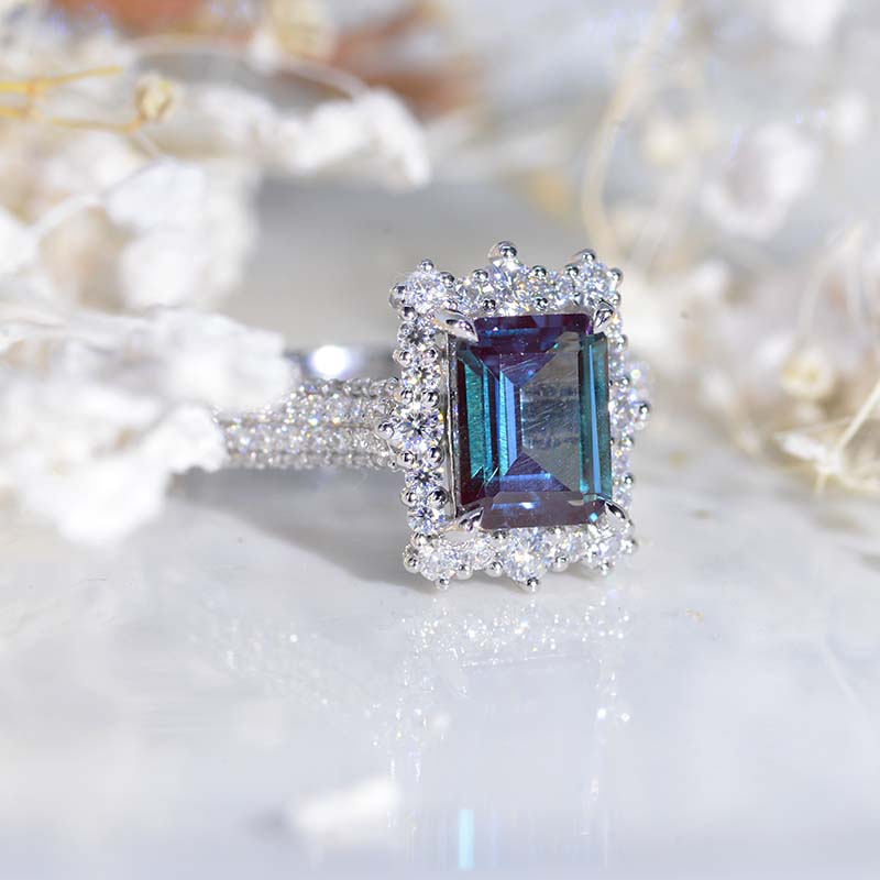 3Ct Alexandrite Engagement Ring Halo Emerald Step Cut Alexandrite  Engagement Ring  Model 572-9x7