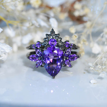3 Carat Pear Natural Amethyst Halo Floral  Engagement Ring 14K White Gold Ring Set