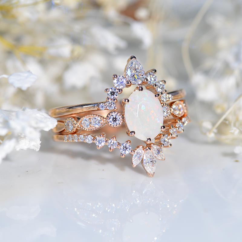 14K Yellow Gold Oval White Opal Halo Engagement Ring  with Two Eternity Rings Set  Model 150