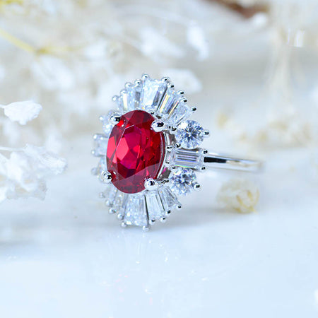14K White Gold 3 Carat Oval Ruby Halo Engagement Ring