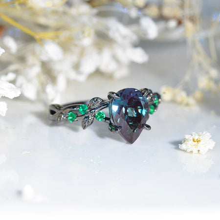 3 Carat Pear Cut Alexandrite Floral Black Gold Engagement Ring Model 446-11x7