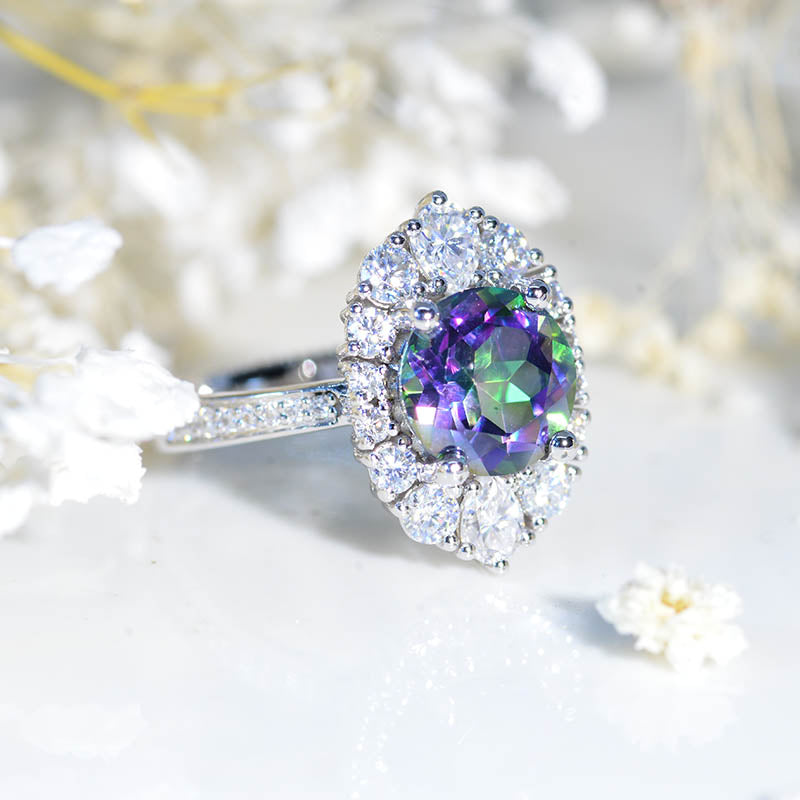 2 Carat Round Genuine Natural Mystic Topaz Halo Gold Engagement Ring