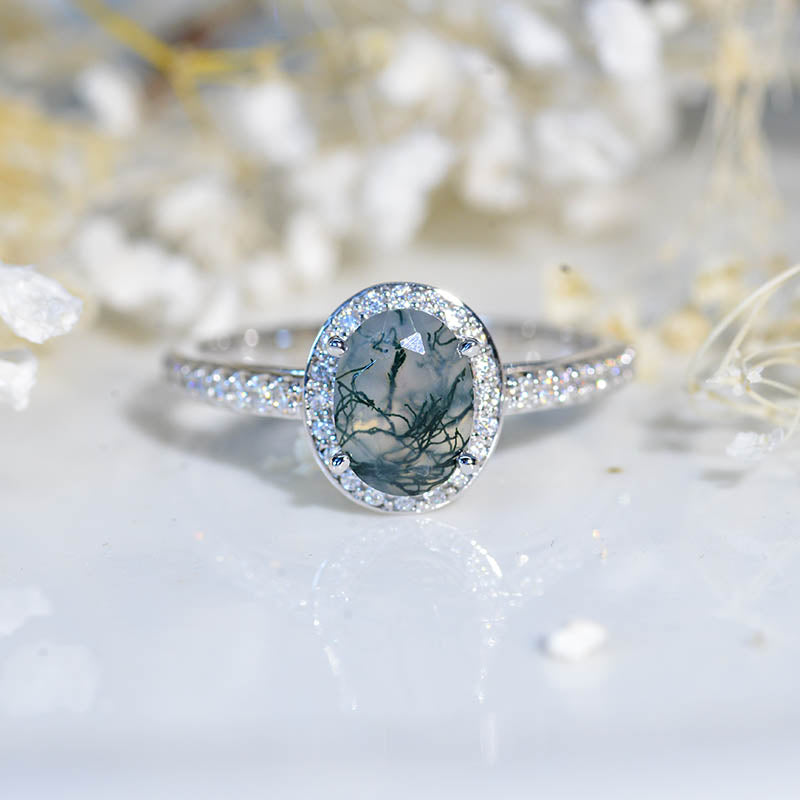 1.5 Carat Oval Genuine Moss Agate Halo Engagement Ring Model 1002