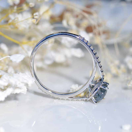 1.5 Carat Oval Genuine Moss Agate Halo Engagement Ring