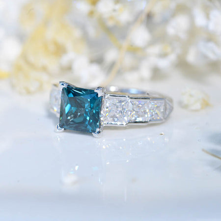 2 Carat Princess Cut Teal Sapphire Engagement Ring Art Deco  14K White Gold Model 1020