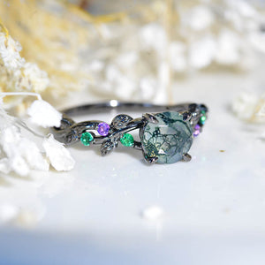 14K White Gold 3 Carat Kite Moss Agate Halo Engagement Ring, Three Rings Set