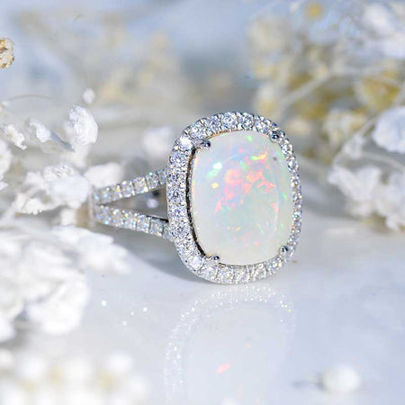 10 Carat Cushion Genuine Natural White Opal Halo 14K White Gold Engagement Ring