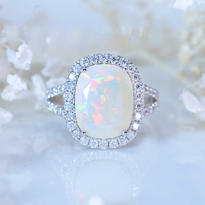 10 Carat Cushion Genuine Natural White Opal Halo 14K White Gold Engagement Ring