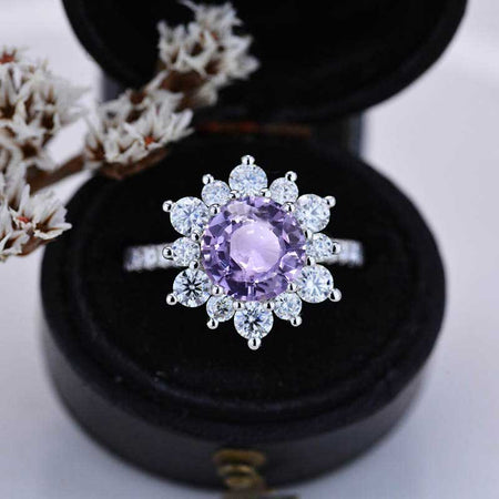 2 Carat Round Purple Sapphire Snowflake Halo Engagement Ring. Victorian 14K White Gold Ring