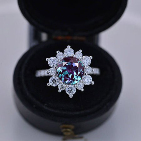 2 Carat Round Alexandrite Snowflake Halo Engagement Ring. Victorian 14K White Gold Ring