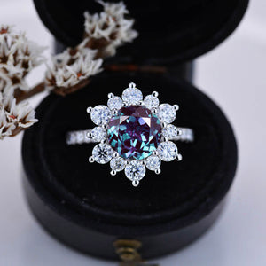 2 Carat Round Alexandrite Snowflake Halo Engagement Ring. Victorian 14K White Gold Ring