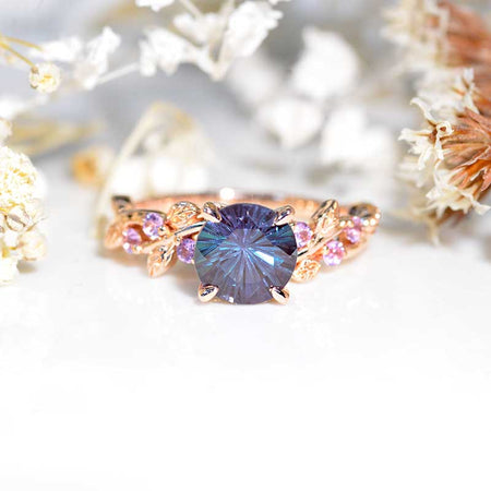 FireWorks Cut Alexandrite with   Lavender Sapphire Floral Rose Gold Engagement Ring Model 446-7