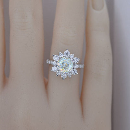 2 Carat Round Portuguese Cut Lab Diamonds Snowflake Halo Engagement Ring. Victorian 14K White Gold Ring