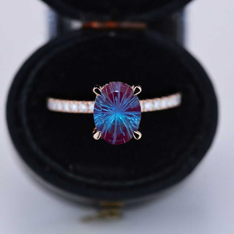14K White Gold 1.5 Carat Oval Fireworks Cut Alexandrite Engagement Ring