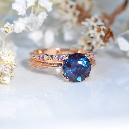 2 Carat Alexandrite 14K White Gold Engagement. Eternity Ring. Set of Two Rings. Opal Leaf Floral Ring Design, Two Ring Set