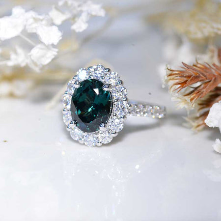 14K Solid White Gold Dainty Teal Sapphire Ring, 2ct Oval Cut Teal Sapphire Ring, Unique Oval Halo Vintage Ring Model 1318
