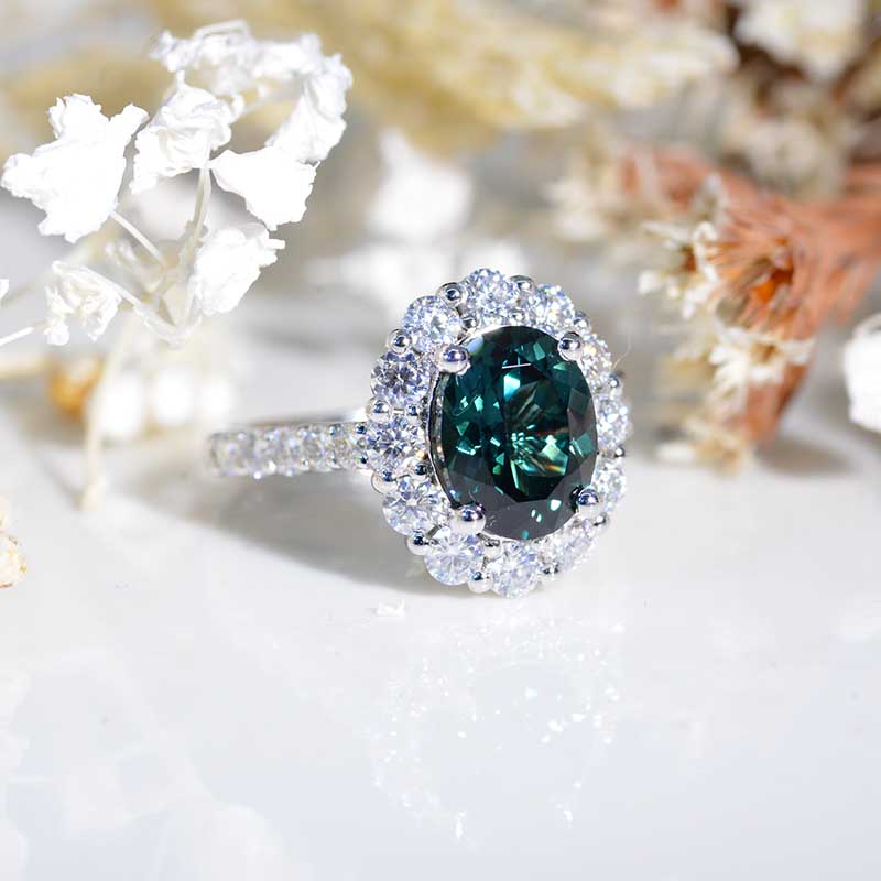 14K Solid White Gold Dainty Teal Sapphire Ring, 2ct Oval Cut Teal Sapphire Ring, Unique Oval Halo Vintage Ring Model 1318