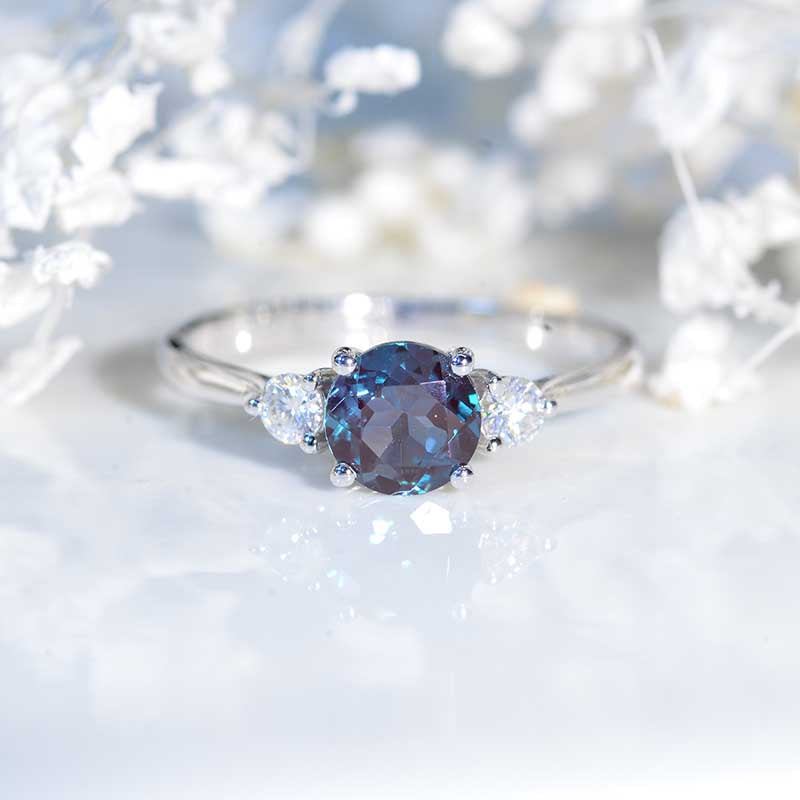 1.5 Carat Three Stone Alexandrite White Gold Engagement  Ring Model 142-6.5