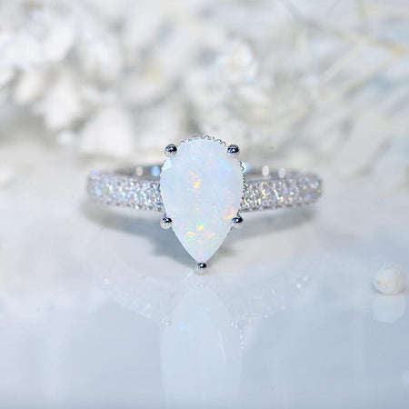 3 Carat Pear Cut Genuine White Opal Hidden Halo Gold Engagement Ring Model 534-11x7