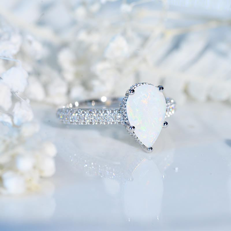 3 Carat Pear Cut Genuine White Opal Hidden Halo Gold Engagement Ring Model 534-11x7