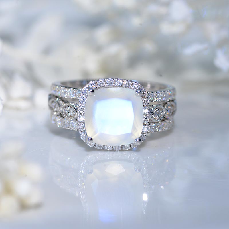 3 Carat Genuine Natural Moonstone Cushion Halo Engagement 14K White Gold Three Ring Eternity Ring Set