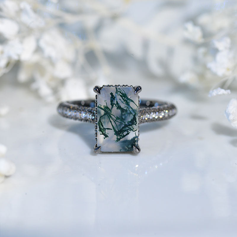 4ct Emerald Cut Genuine Moss Agate Black Rhodium Gold Engagement Ring Model 447-11x7mm