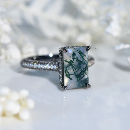 4ct Emerald Cut Genuine Moss Agate Black Gold Engagement Ring