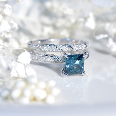 2 Carat Princess Cut Giliarto Teal Sapphire White Gold Floral Engagement Ring Set Model 115-7x7 & 115E