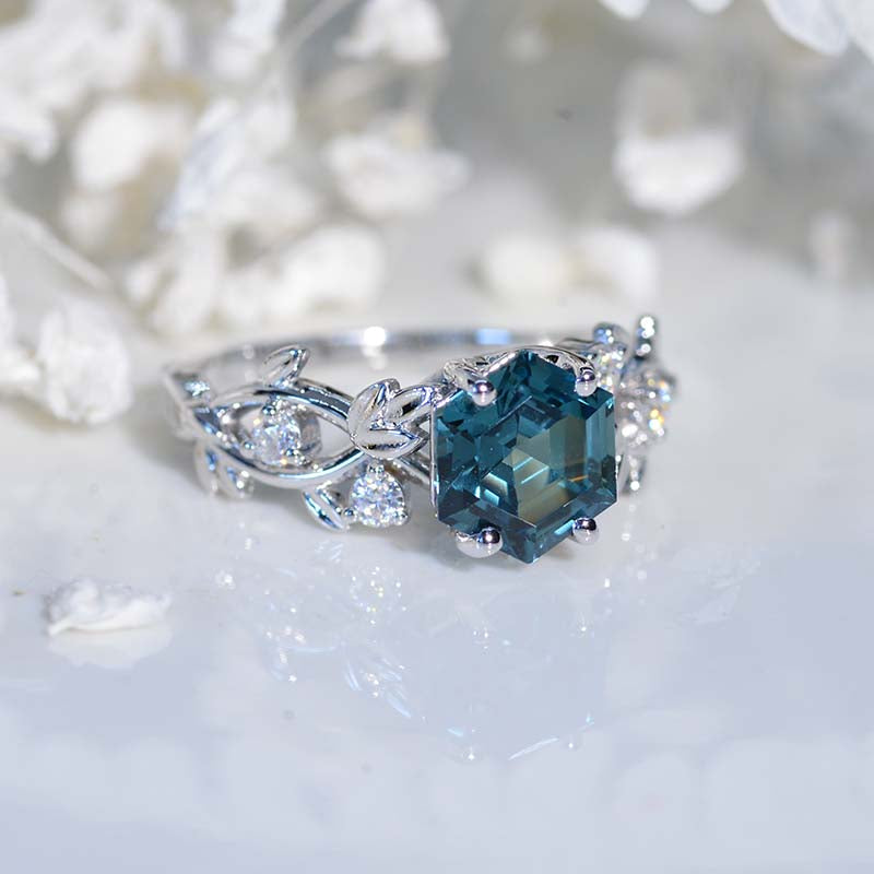 3 Carat Hexagon Teal Sapphire Floral 14K White Gold Engagement Ring Model 920-8x7