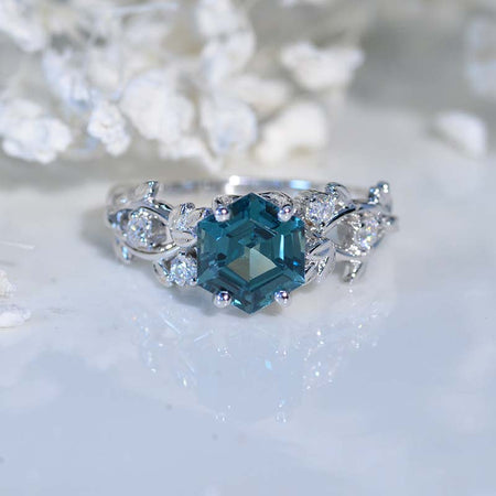 3 Carat Hexagon Teal Sapphire Floral 14K White Gold Engagement Ring Model 920-8x7