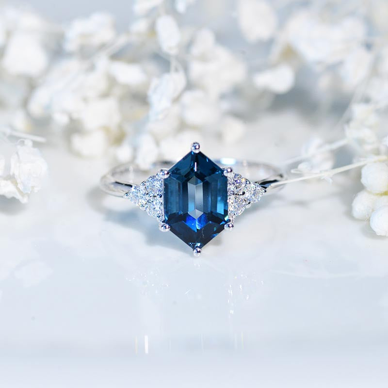 14K White Gold 3 Carat Hexagon London Blue Topaz  Halo Engagement Ring, Model 1344-10x6