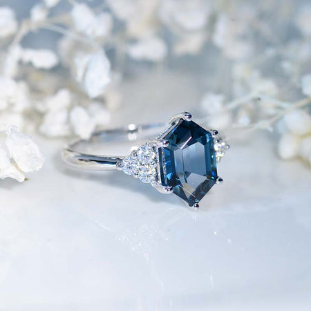 14K White Gold 3 Carat Hexagon London Blue Topaz  Halo Engagement Ring, Model 1344-10x6