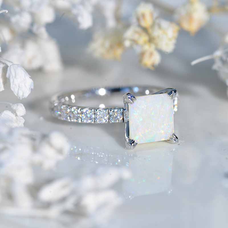 2Ct Princess Cut White Opal Engagement 14K White Gold Ring Classic Solitaire Setting  Model 726-7x7