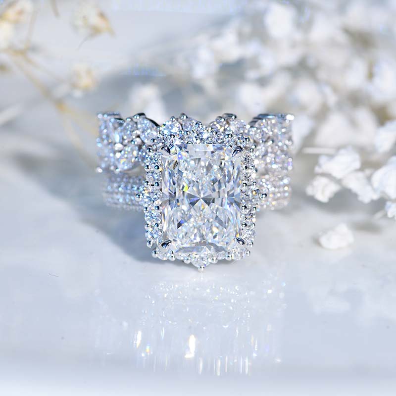 5 Carat LAB-Grown Diamond Engagement Ring Halo Radiant Cut LAB-Grown Diamond Engagement Ring, 11x9mm Radiant Cut LAB-Grown Diamond Engagement Ring with Eternity Band Model 572-11x9 &157
