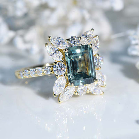 2Ct Teal Sapphire Halo Engagement Ring, Solitaire Emerald Shape Radiant Cut Teal Sapphire Engagement Ring, Side Accents Stones 14K Yellow Gold