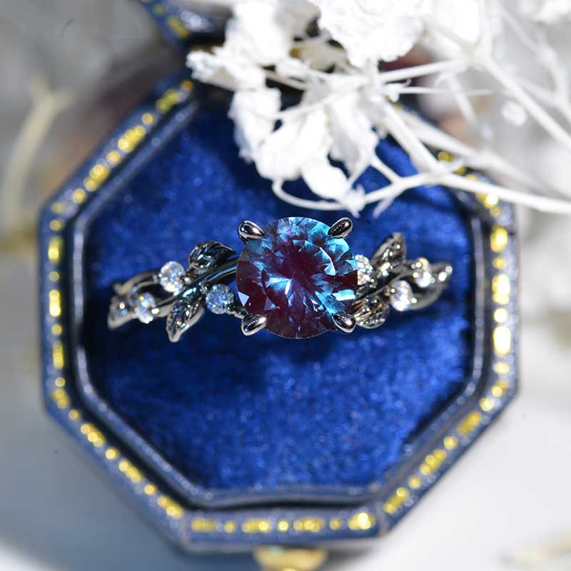 1.5 Carat Round Brilliant Cut Alexandrite Floral Black Rhodium Gold Engagement Ring