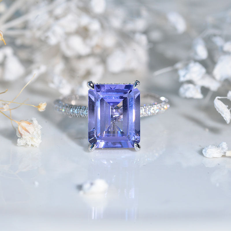 5ct Emerald Shaped Step Cut Lavender Purple Sapphire Ring, 5 Carat Purple Sapphire Engagement Ring. Lavender Purple Sapphire Pave Accent Stones Hidden Halo Ring