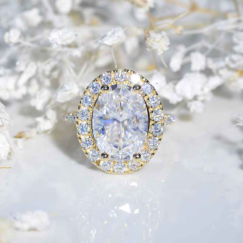 10 Carat Oval Moissanite Halo 14K White Gold  Engagement Ring Model 807-14x10